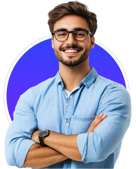 Man standing in front of a purple circle